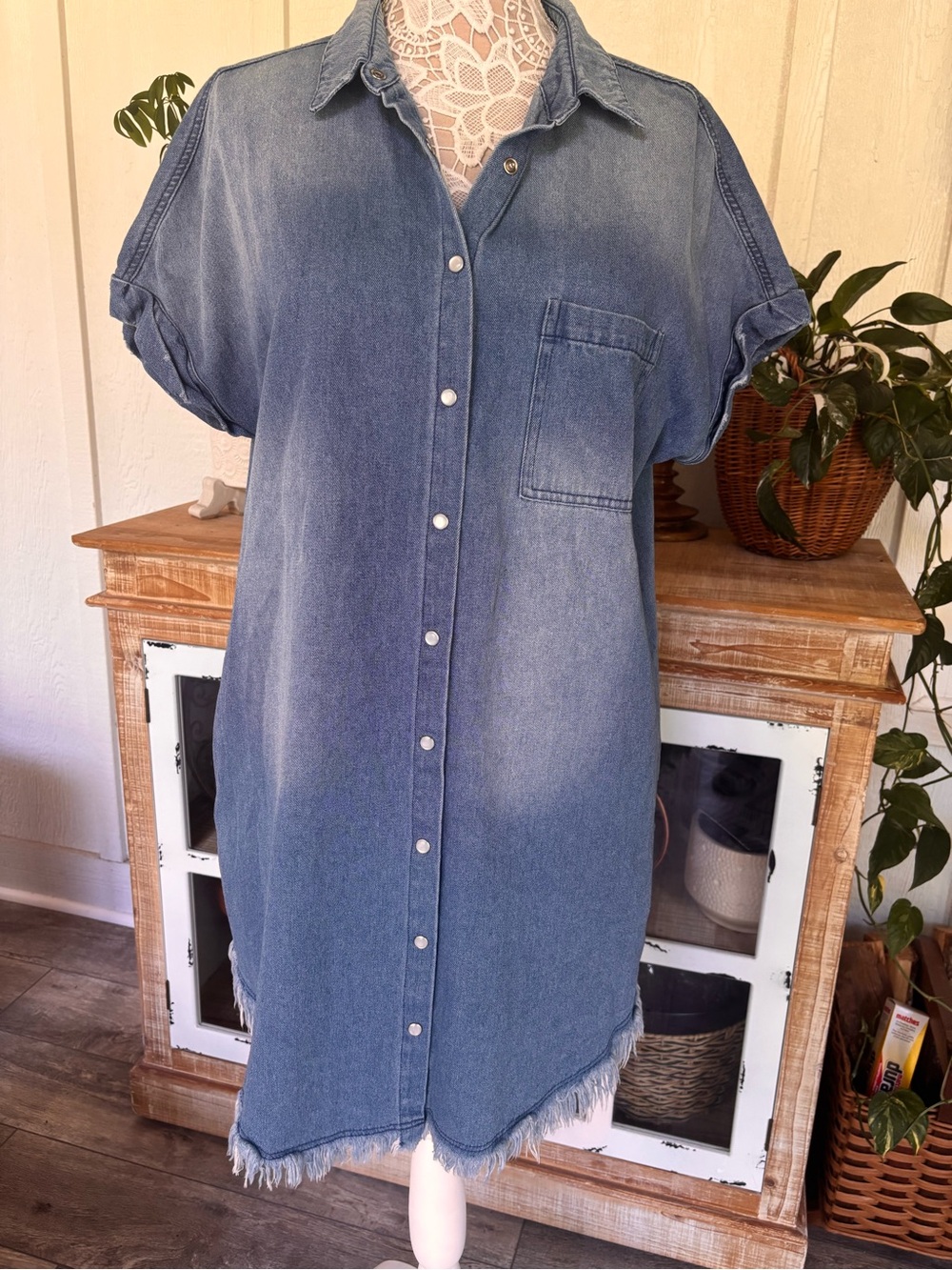 Denim Shirt Dress - Blue Button-Front